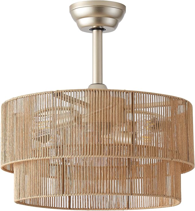20" Caged Boho Ceiling Fans with Lights, Rattan Fandelier Chandelier Ceiling Fan with Light Remote Control with 6 Speeds for Bedroom, Nursery