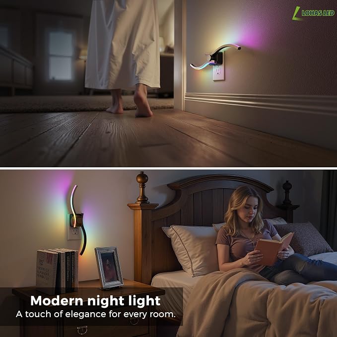 L LOHAS LED Night Light, Night Lights Plug into Wall | Modern Nightlight with Dusk to Dawn Sensor, 3000K & RBG Dimmable Wave Plug in Night Light, for Bedroom Bathroom Hallway