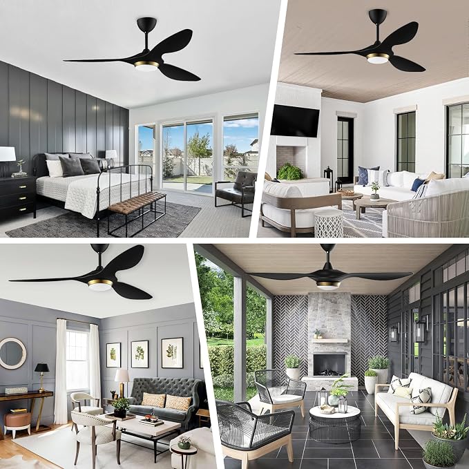 reiga 52 Inch Black Modern Ceiling Fans with Lights and Remote Control, Smart WiFi 3 Blades Quiet DC Motor for Living Room Bedroom Patio Garage, ETL Listed