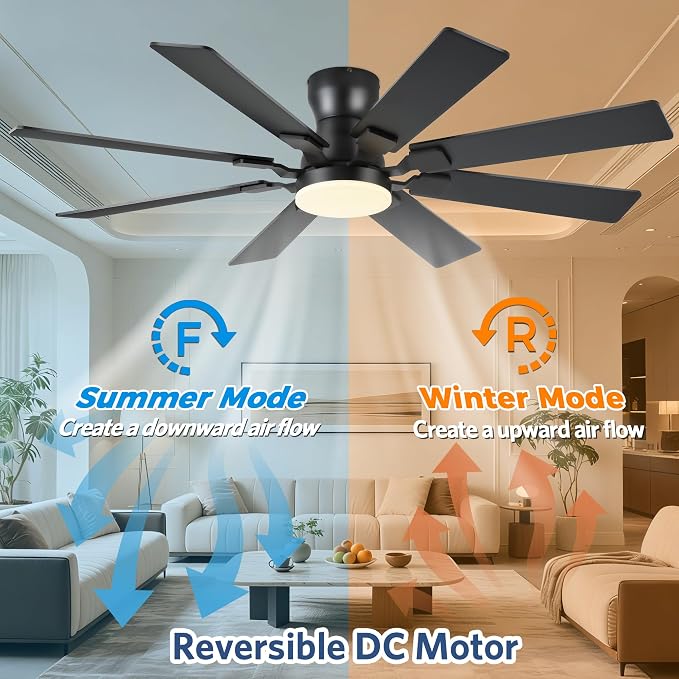 JSAITEE 52Inch Ceiling Fan with Lights, Flush Mount Low Profile, Black | Ceiling Fans,DC Reversible Motor Noiseless, 3CCT Dimmable, Dual Finish, 6 Speeds Ceiling Fan for Indoor/Outdoor