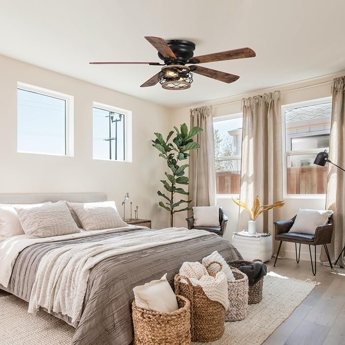 48" Farmhouse Ceiling Fans with Lights, Cage Flush Mount Ceiling Fan with Remote for Bedroom, Living Room, 5 Double Blades, Noiseless Reversible Motor, Timer