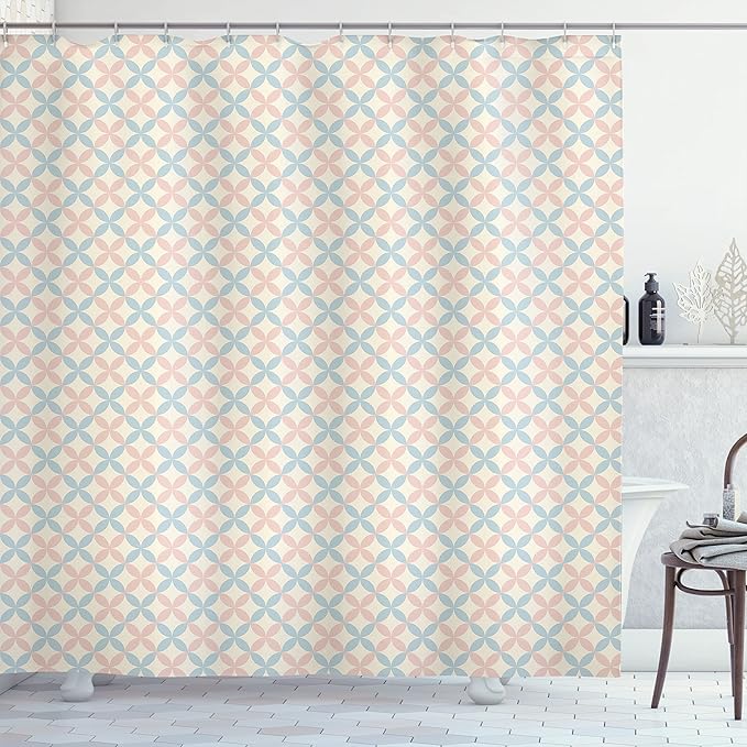 Ambesonne Shabby Flora Shower Curtain, Floral Motif Pastel Colors Flower Petals Pattern Geometric Ornate, Cloth Fabric Bathroom Decor Set with Hooks, 69" W x 75" L, Cream Salmon Pale Blue