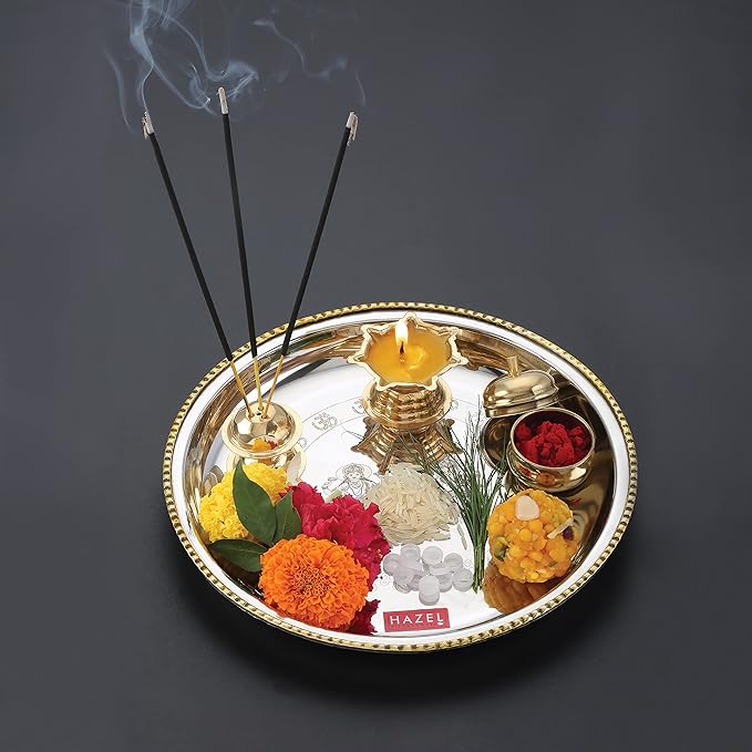 HAZEL Stainless Steel Puja Pooja Aarti Thali Set, 22 cm with 1 Pc Diva, Agarbatti Incense Holder and Kumkum Wati, Silver
