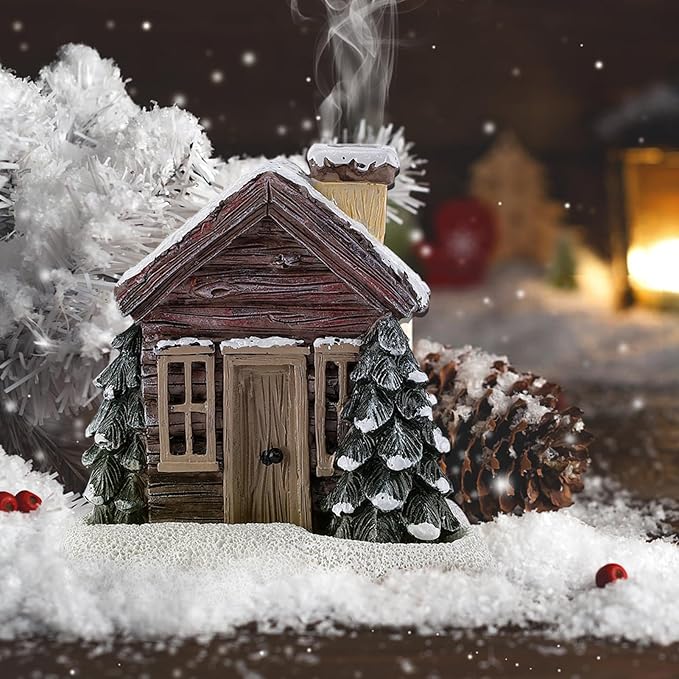 Christmas Log Cabin Incense Burner - Christmas Village Houses with 2 Incense Cones, Resin Incense Cone Holder for Home Room Table Fireplace Decorations, Brown