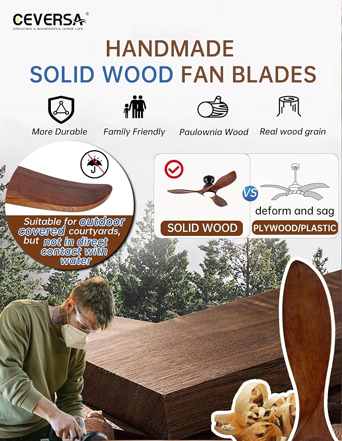 42 Inch Low Profile Ceiling Fans with Lights and Remote, Flush Mount 3 Blade Wood Ceiling Fan,Dimmable,Quiet Noiseless for Patios,Living Room,Bedroom(Wall Control Switch)