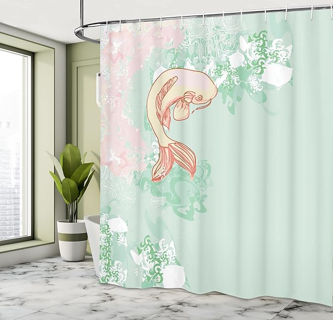 Ambesonne Japanese Shower Curtain, Pastel Colors Folk Koi Longfin Gurnard Fish Swimming Pale Complex Sea Backdrop Asian Art Image, Cloth Fabric Bathroom Set with Hooks, 69" W x 70" L, Pale Green Pink