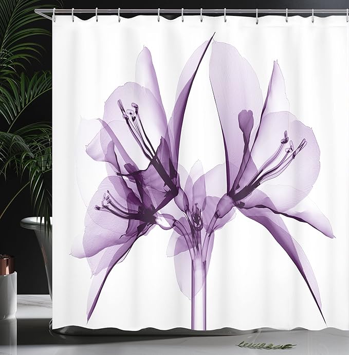 Ambesonne Flower Shower Curtain, Illustration of a Blooming Flower X-ray Vision of Nature Solarized Pattern, Cloth Fabric Bathroom Decor Set with Hooks, 69" W x 70" L, Violet White