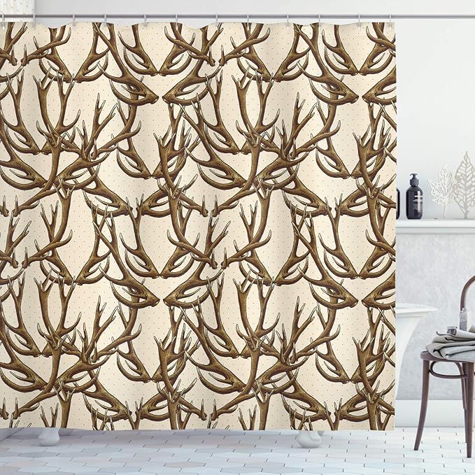 Ambesonne Antlers Shower Curtain, Deer Antlers on Dotted Background Polkadot Vintage Horn Collecting Winter, Cloth Fabric Bathroom Decor Set with Hooks, 69" W x 75" L, Brown Umber