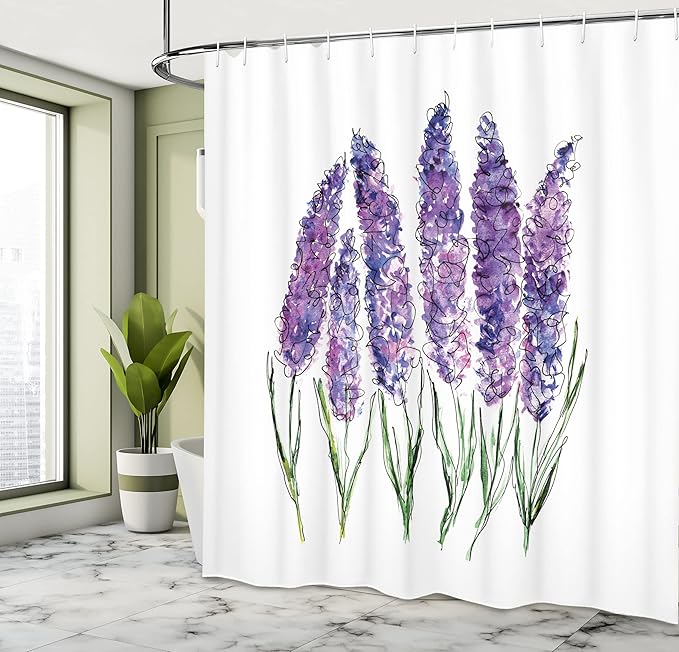 Ambesonne Watercolor Flower Shower Curtain,an Illustration of Lavender Blossoms with Fresh Colors of a Mint Family Plant Work of Art, Cloth Fabric Bathroom Set with Hooks, 69" W x 70" L, Violet White