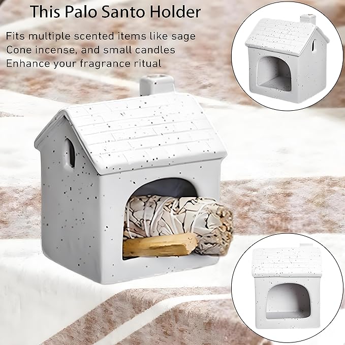 Ceramic Mini Chiminea Palo Santo Burner | Sage & Incense Cone Holder | Stable Smudge Bowl for Zen Altar, Meditation, Yoga | Home Decor & Gift (White)