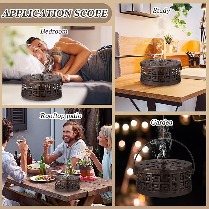 Lallisa 4 Pieces Mosquito Coil Holder Incense Coil Holder Round Retro Portable Metal Hanging Incense Burner with Handle for Home Camping Indoor Outdoor Patio (Bronze,Metal Sheet Included)