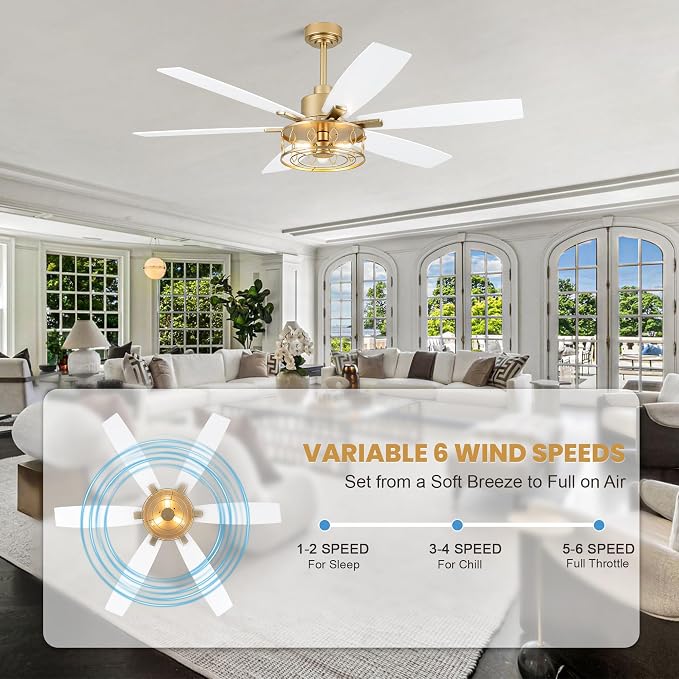 Dawn Whisper 60 Inch Ceiling Fans with Lights White and Gold Farmhouse Ceiling Fan for Bedroom Living Room Quiet and Reversible DC Motor Caged Chandelier Fan