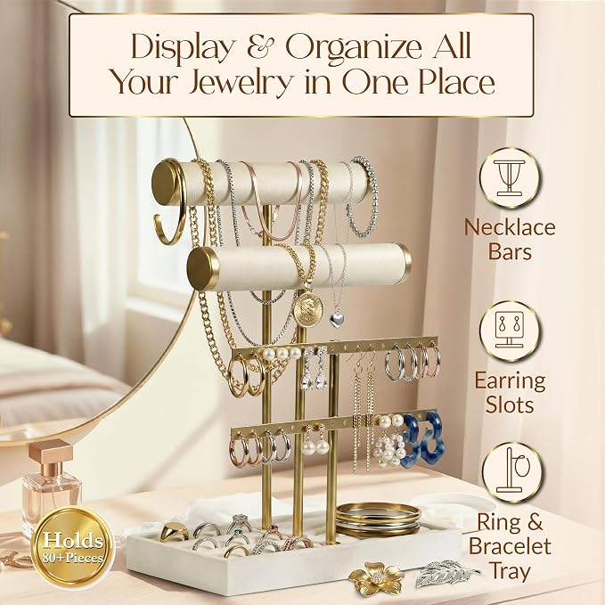 Jewelry Tower Stand Organizer for Women - Soft Touch Velvet Elegant Jewelry Holder Display with Necklace Holder, Earring Organizer & Bracelet Rack - Tabletop Stand for Dresser, Vanity, Desk - White