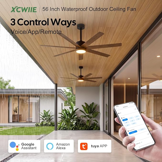 ETL Wet Rated Outdoor Smart Ceiling Fan with Lights, 56" All Weather Waterproof Fans for Patios, Alexa WIFI/Remote Control, High CFM 7 Walnut Blade with UV Coating, for Exterior Gazebo Porch Pavilion