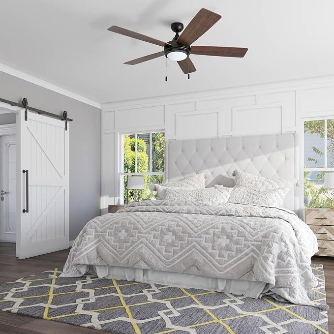 Honeywell Ceiling Fans Ventnor, 52 Inch Modern Farmhouse Indoor LED Ceiling Fan with Light, Pull Chain, Three Mounting Options, Dual Finish Blades, Reversible Motor - 50607-01 (Bronze)