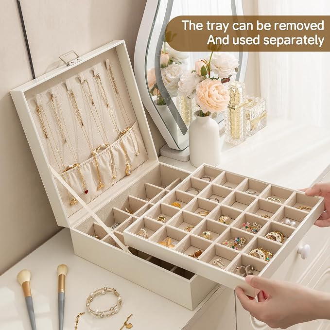 Frebeauty 50 Grid Earring Holder Organizer,2 Layer Jewelry Box for Women | Faux Leather,Velvet Lining,Adjustable Divider,Jewelry Organizer for Ring Necklace and Bracelet,for Home Use and Jewelry Store