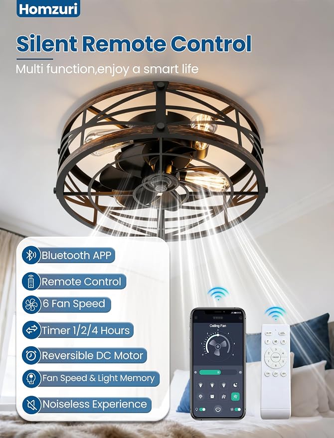 20" Caged Ceiling Fan with Light and Remote App Control, Rustic Round Flush Mount Low Profile Ceiling Fandelier Lights, 6 Speed and Reversible, Farmhouse Industrial Style for Bedroom, Kitchen