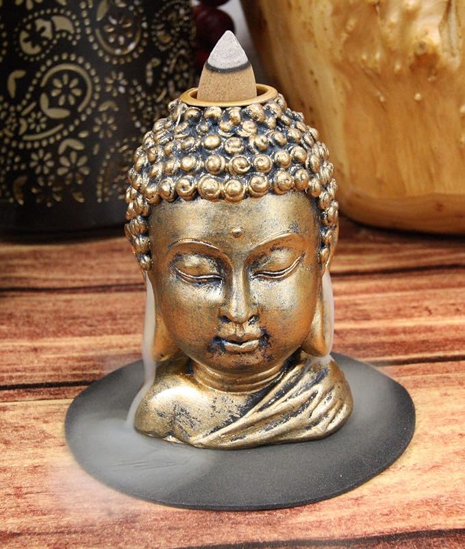 Ebros Eastern Enlightenment Shakyamuni Buddha Gautama Head with Ushnisha Backflow Incense Cone Burner Holder Statue 3.5" H in Bronze Finish Buddhism Bodhisattva Feng Shui Zen Figurine