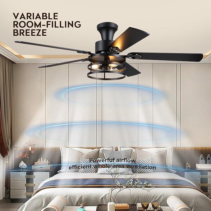 JSAITEE 52" Farmhouse Flush Mount Ceiling Fans with Lights, No Bulbs | Cage Fan Light with Dual-Sided Blades, 6 Speeds Reversible DC Motor, Rustic Low Profile Light for Bedroom, Living Room