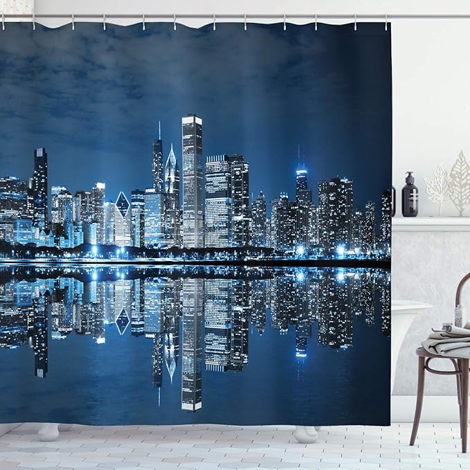 Ambesonne Landscape Shower Curtain, Chicago Sky Skyscrapers Financial District Tourist Attraction USA Theme, Cloth Fabric Bathroom Decor Set with Hooks, 69" W x 70" L, Night Blue Aqua