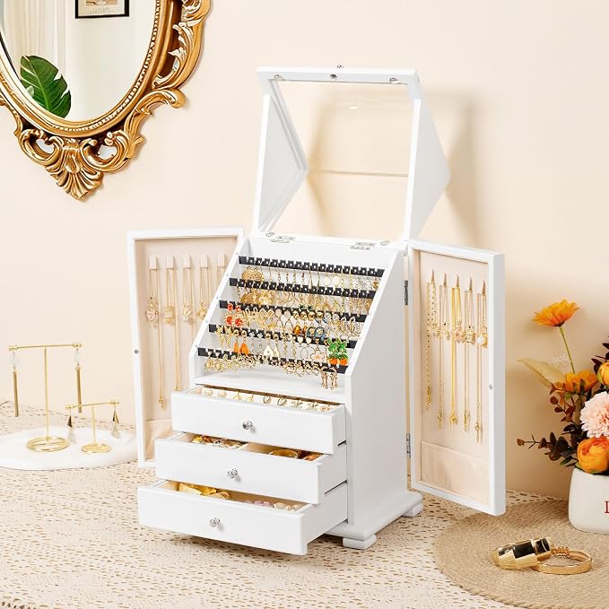 Jewelry Box Organizer, Rustic Wooden Jewelry Boxes for Women Girls, Large Storage Earring Holder Organizer Display for Earrings Necklaces Rings Bracelets (White)
