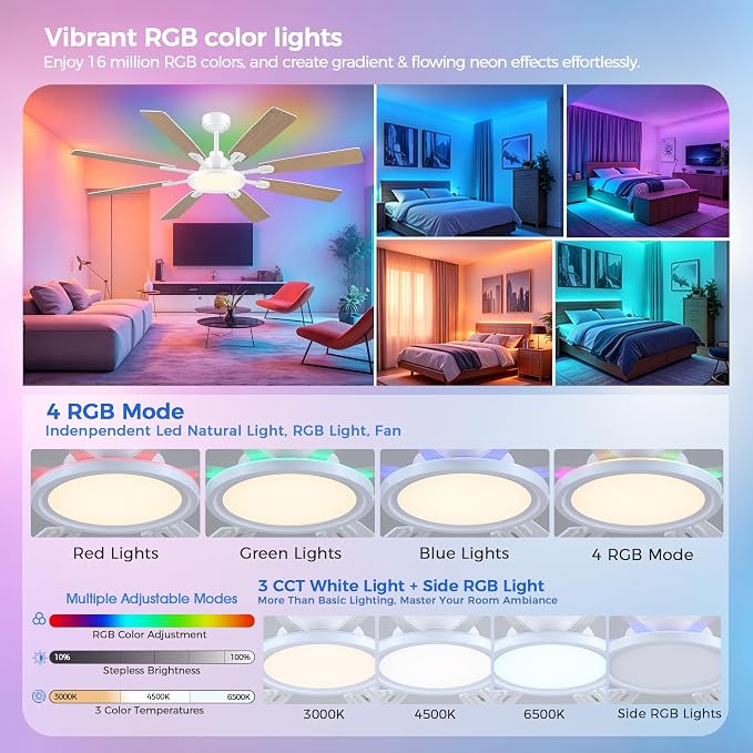 Ceiling Fan With Light & Remote Indoor/Outdoor Use 60 Inch RGB White | Remote Control,RGB Dimmable,Reversible DC Motor,3CCT,Timer,Noiseless,Ceiling Fan for Bedroom Living Room