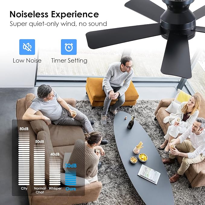 41 inch Ceiling Fans with Lights, Black Flush Mount Ceiling Fan with Remote, 3CCT, LED Dimmable, Reversible, 6 Fan Speeds, Quite Low Profile Ceiling Fan with Lights Modern Bedroom Kitchen Indoor