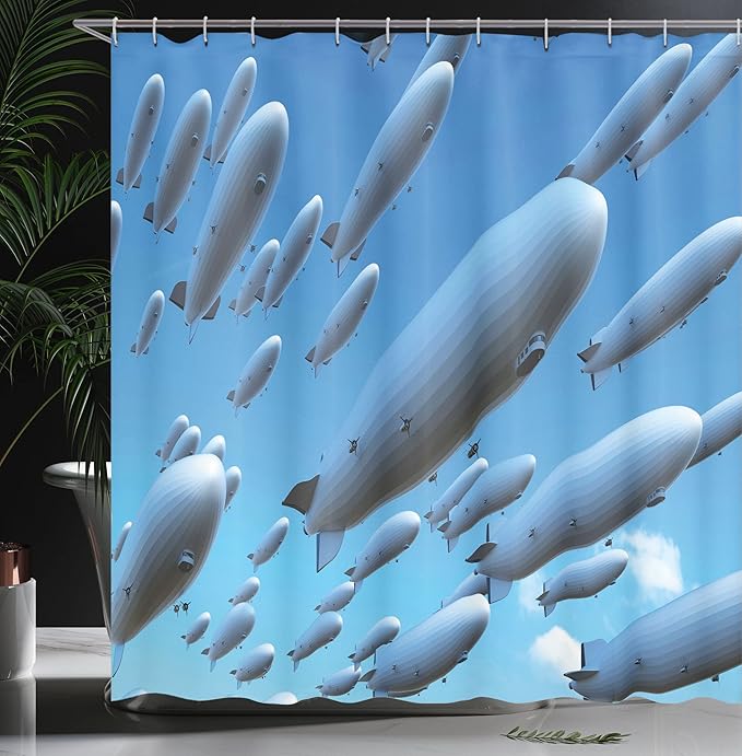 Ambesonne Zeppelin Shower Curtain, Many Fleet Airships Flying in The Sky Aviation Flight Invasion Air Picture Print, Cloth Fabric Bathroom Decor Set with Hooks, 69" W x 70" L, Soft Blue