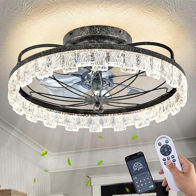 Dalouguan Rustic Black Ceiling Fan with Light, Farmhouse Flower Caged Ceiling Fan with Remote, LED Low Profile Ceiling Light for Bedroom Kitchen Living Room