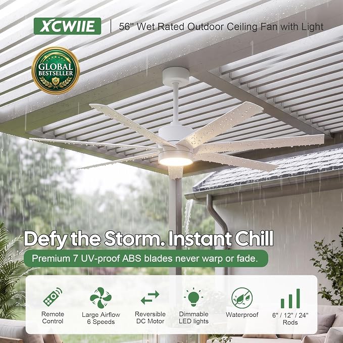 56 Inch Waterproof Outdoor Ceiling Fan with Light, Wet-Rated White Outdoor Ceiling Fans, All-Weather 7 UV-Proof Blades, High CFM Quiet DC Motor, for Exterior Patis, Porch, Terraces, Gazebo