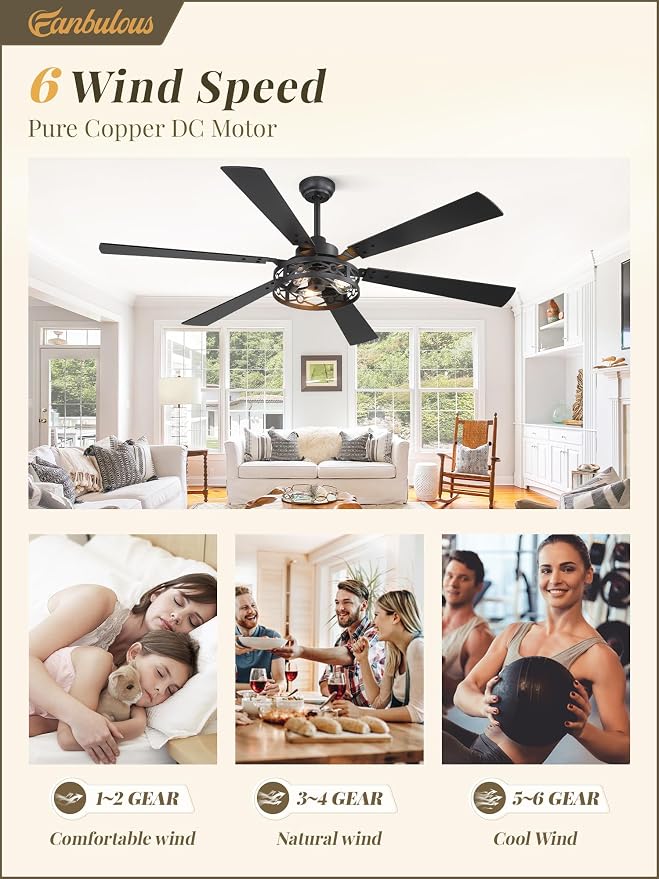 Fanbulous 65 Inch Ceiling Fan with Lights, Farmhouse Caged Ceiling Fans with Remote, Black Industrial Ceiling Fans with Quiet Reversible DC Motor, Large Ceiling Fan for Living room, Bedroom