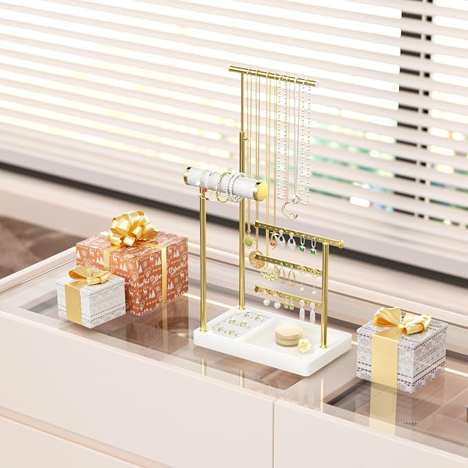 SZQINJI 5 Tier Jewelry Holder Organizer, Gold Necklace Stand Display, White | Velvet Bracelet Holder, Adjustable Height Jewelry Display for Necklaces, Bracelets, Earrings, Rings, Gift Idea for Women