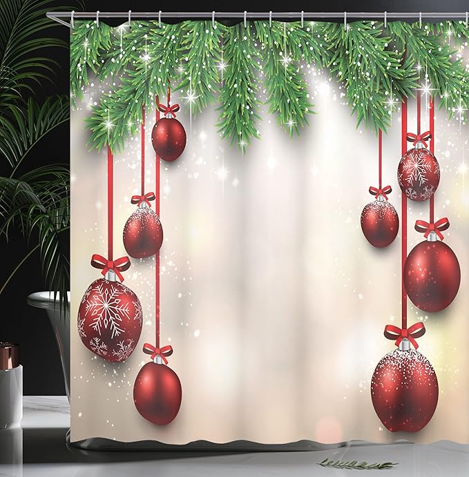 Ambesonne Christmas Shower Curtain, Xmas Traditional Winter Season Theme Fir Twigs and Vibrant Balls Graphic Print, Cloth Fabric Bathroom Decor Set with Hooks, 69" W x 84" L, Green and Red
