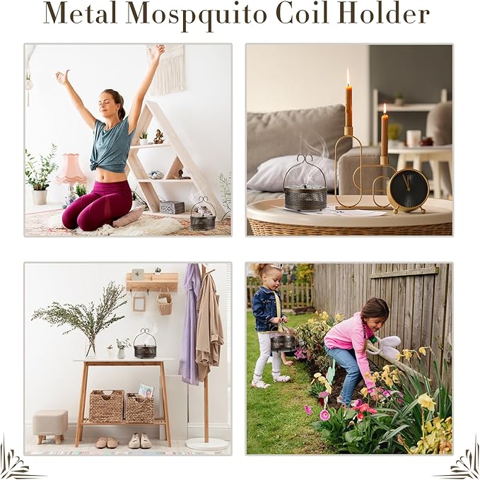 Therwen 6 Pcs Iron Mosquito Coil Holder with Handle Retro Portable Coil Holder Round Fireproof Incense Holder Hanging Incense Burner for Indoor Outdoor Home and Camping (Bronze)