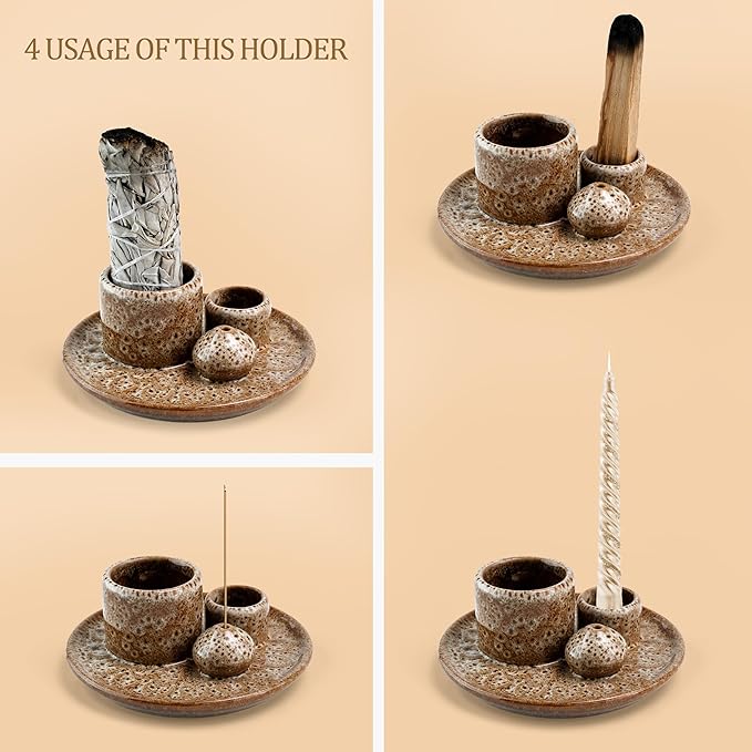 4 in 1 Incense Burner Holder,Sage Holder for Burning,Palo Santo Holder,Candle Holder,Ceramic Incense Burner Ash Catcher Tray for Meditation Yoga Room