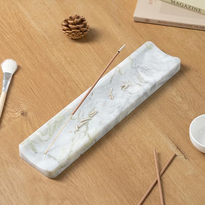 Marble Incense Holder Burner-Natural Stone Stick Incense Tray with Ash Catcher，20 Sticks & Brush - Elegant Decor for Meditation, Yoga, Home,Gift(White Green)