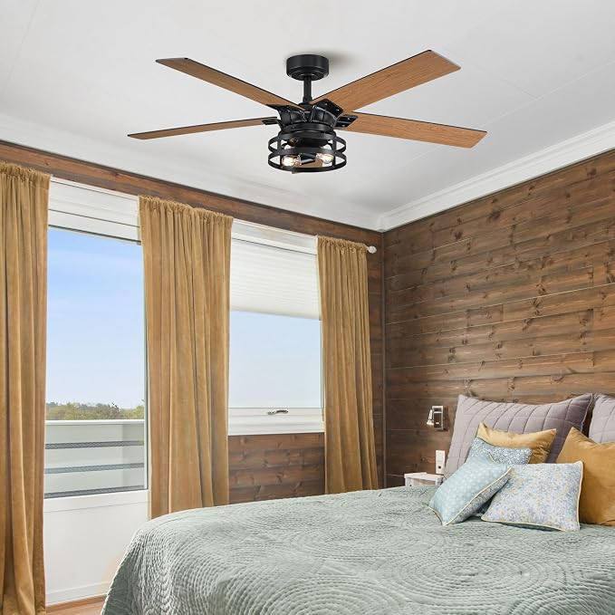 52 Inch Ceiling Fans with Lights and Remote Control, Quiet Reversible Motor, 5 Reversible Double-Sided Retro Industrial Blades Farmhouse Ceiling Fan for Bedroom Living Room Patio