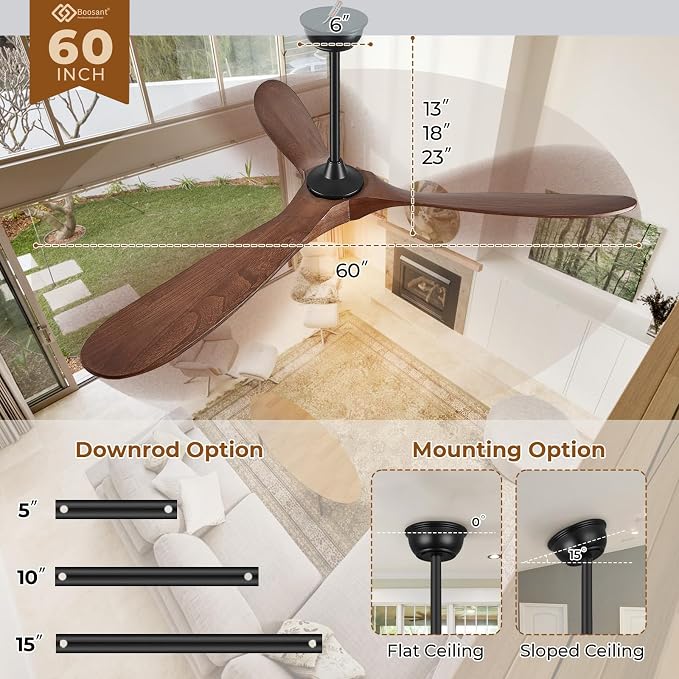 60" Outdoor Ceiling Fans with Lights and Remote Control, 3 Blade Ceiling Fan with Lights High CFM Quiet Wood Walnut Outdoor Fan, Propeller Ceiling Fan for Outdoor/Indoor/Patio,Deep Walnut