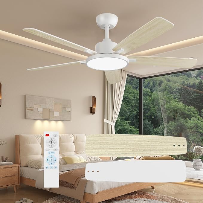 TALOYA 52 Inch White Smart Ceiling Fans with Lights Led Remote Control Flush Mount Low Profile for Bedroom Living Dining Room Outdoor Farmhouse Patio,Reversible,DC Motor,3 Color Temperatures,5 Blades