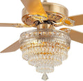 52"Golden Crystal Chandelier Ceiling Fans with Lights and Remote Control | Classical Design,6 Reversible Speeds,30W Quiet DC Motor,5 Wooden Blades,2*E12 LED Bulbs Included,for Living Room Bedroom