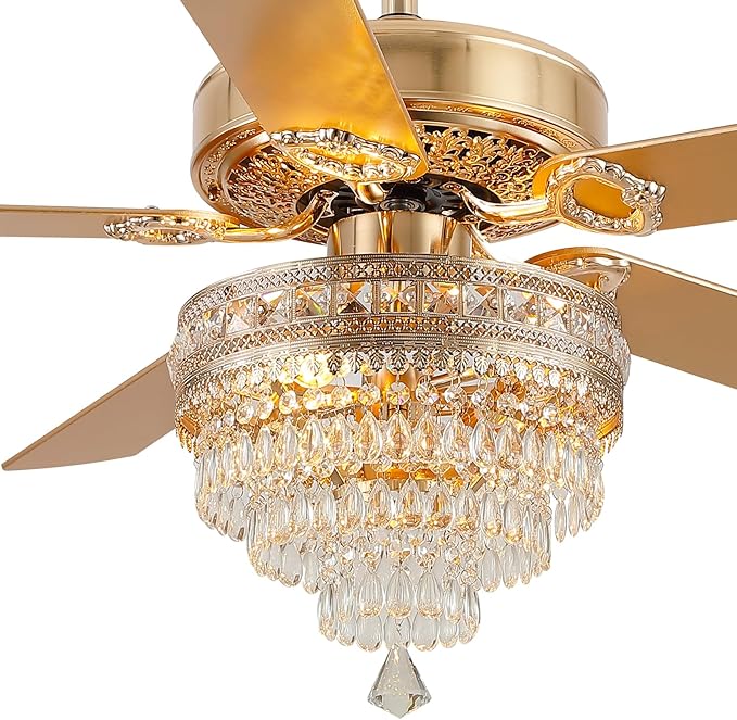 52"Golden Crystal Chandelier Ceiling Fans with Lights and Remote Control | Classical Design,6 Reversible Speeds,30W Quiet DC Motor,5 Wooden Blades,2*E12 LED Bulbs Included,for Living Room Bedroom