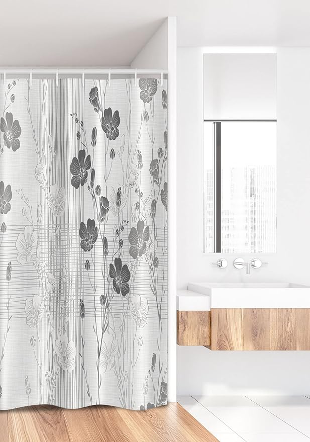 Ambesonne Flower Stall Shower Curtain, Blooming Buds and Hibiscus Flowers Simple Striped Crossed Pattern Print, Fabric Bathroom Decor Set with Hooks, 36" W x 72" L, Ivory Grey