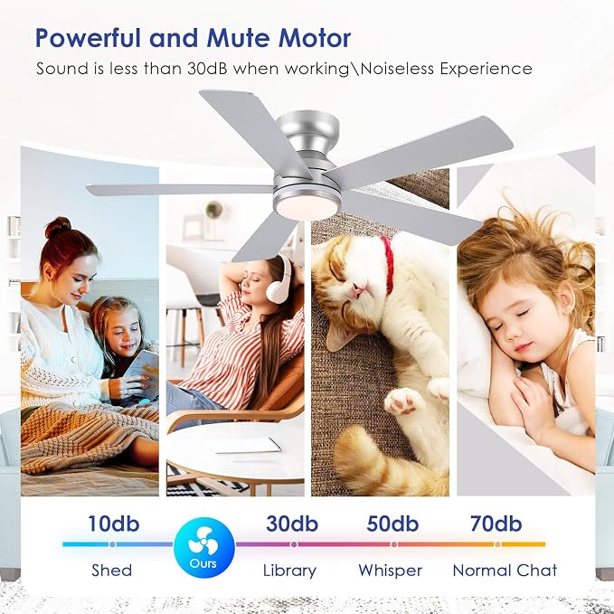 RGB Ceiling Fans with Lights, 46" Flush Mount Ceiling Fan with Remote APP, RGB+3CCT Dimmable Led Light, Reversible 6 Wind Speeds&2H Timer, Low Profile Modern Fan Light Fixture for Bedroom Party Silver