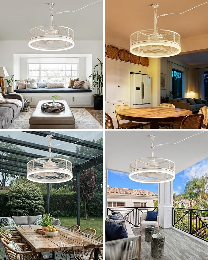 20'' Outdoor Ceiling Fan with Light, IP65 Waterproof Gazebo Hanging Fan, Remote Control, 3CCT, 6-Speed, Plug-in Caged Ceiling Fan for Patio Porch Pergola, Works with Alexa & Google Assistant