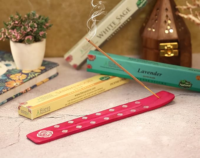 Bless-International Traditional-Handmade-Burner Wooden-Incense-Stick-Holder Ash-Catcher-Stand for-Aromatherapy-Meditation-Yoga (Heart Pink) 10 Inches, Pack of 1