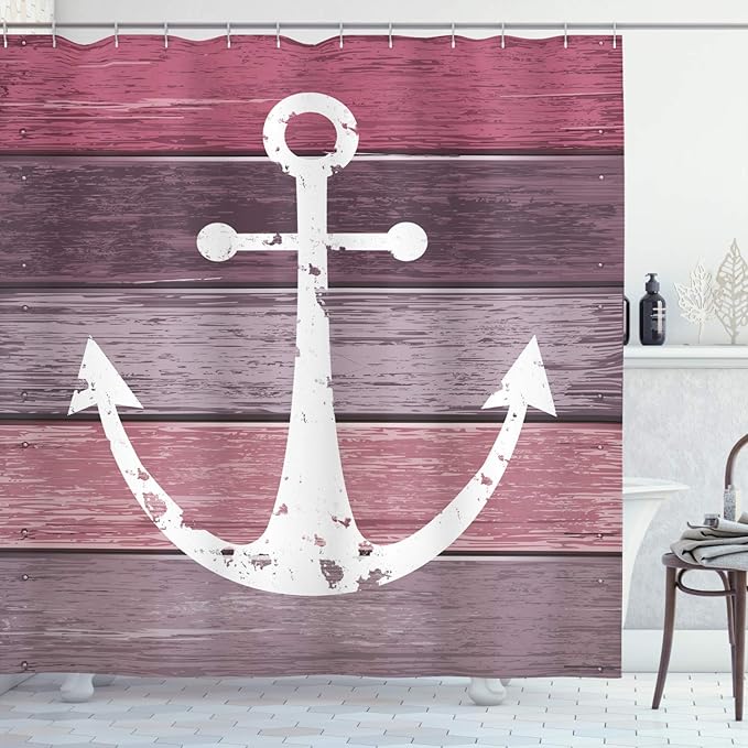 Ambesonne Anchor Shower Curtain, Timeworn Marine Theme on Weathered Wooden Planks in Rustic Pinkish Tones, Cloth Fabric Bathroom Decor Set with Hooks, 69" W x 84" L, Rose