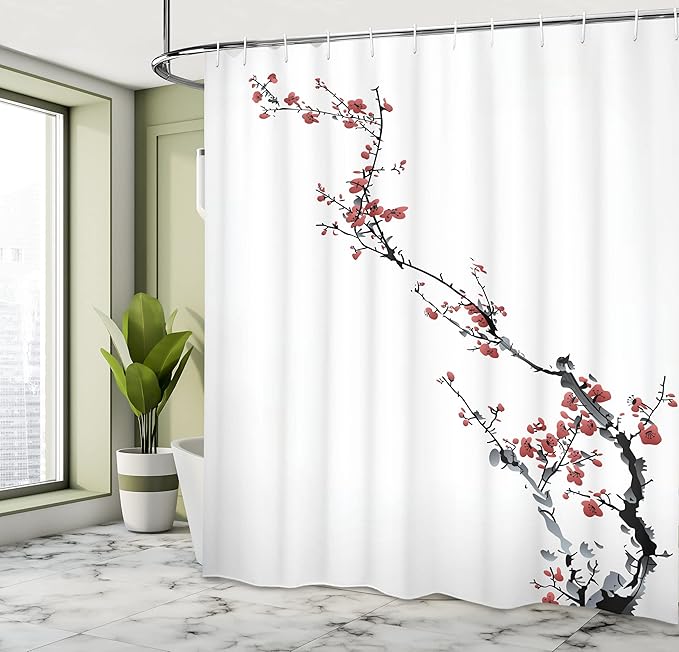 Ambesonne Watercolor Flower Shower Curtain, Sakura Tree Cherry Branches in Classic Style Artwork, Cloth Fabric Bathroom Decor Set with Hooks, 69" W x 70" L, Coral Black