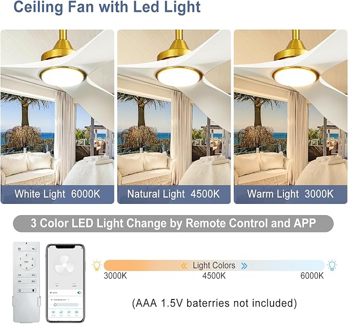 Modern Ceiling Fan with Light: White and Gold Ceiling Fans with Remote and Smart APP Control 3 Blades - 52 Inch Ceiling Fan for Indoor Living Room Bedroom