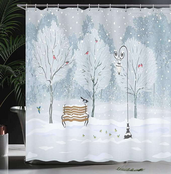 Ambesonne Christmas Shower Curtain, Snow Falling in The Park on a Cold Winter Day Birds Xmas Season Theme Picture, Cloth Fabric Bathroom Decor Set with Hooks, 69" W x 84" L, Blue and White