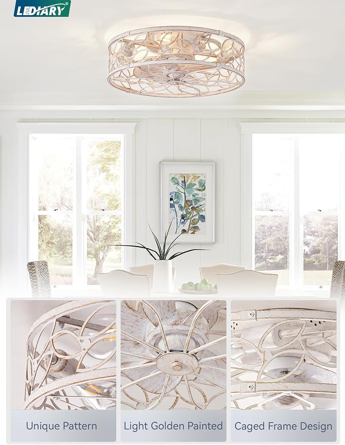 LEDIARY Caged Ceiling Fans with Lights, White Flush Mount Ceiling Fan with Remote&App, Small Low Profile Bladeless Ceiling Fan Light Fixture for Bedroom, Kitchen, Dining Room-White Gold Color